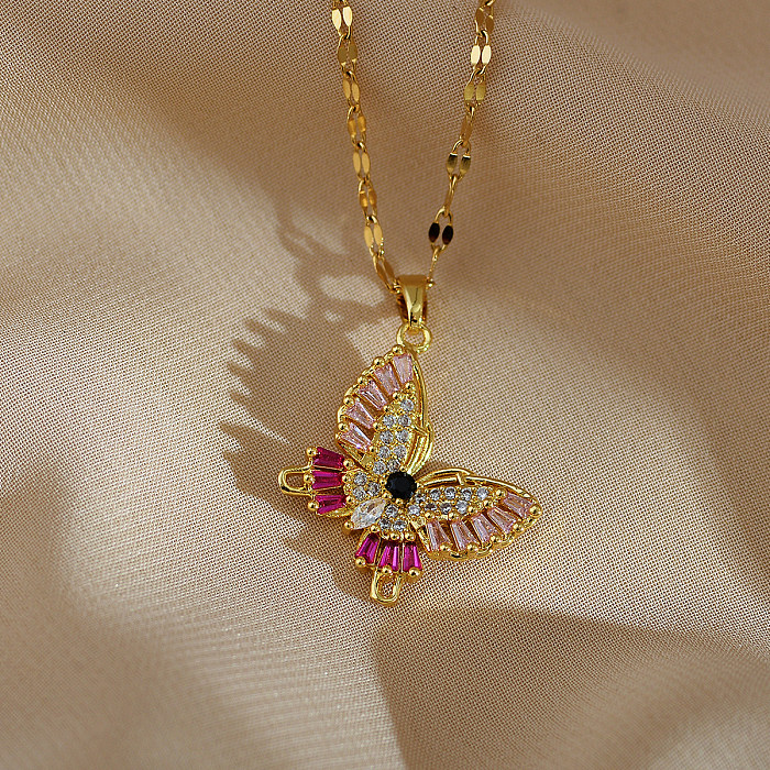 Classic Style Butterfly Copper Inlay Zircon Pendant Necklace