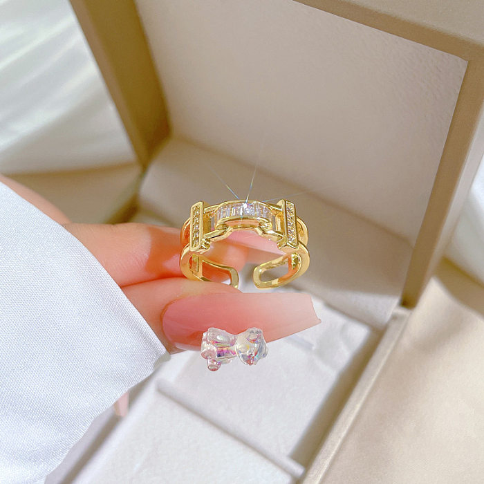 Luxurious Solid Color Brass Plating Inlay Artificial Gemstones Gold Plated Open Rings