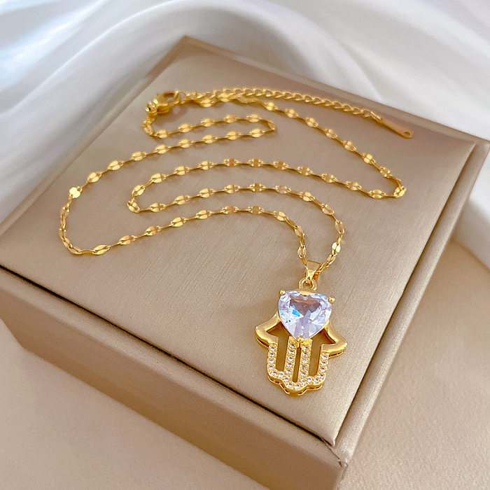 Mode Palm Herz Form Edelstahl Verkupferung Inlay Künstliche Diamant Anhänger Halskette 1 Stück