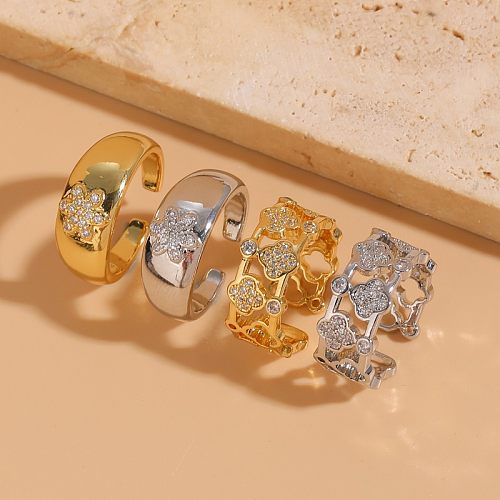 Retro Geometric Copper Plating Inlay Zircon 14K Gold Plated Open Rings