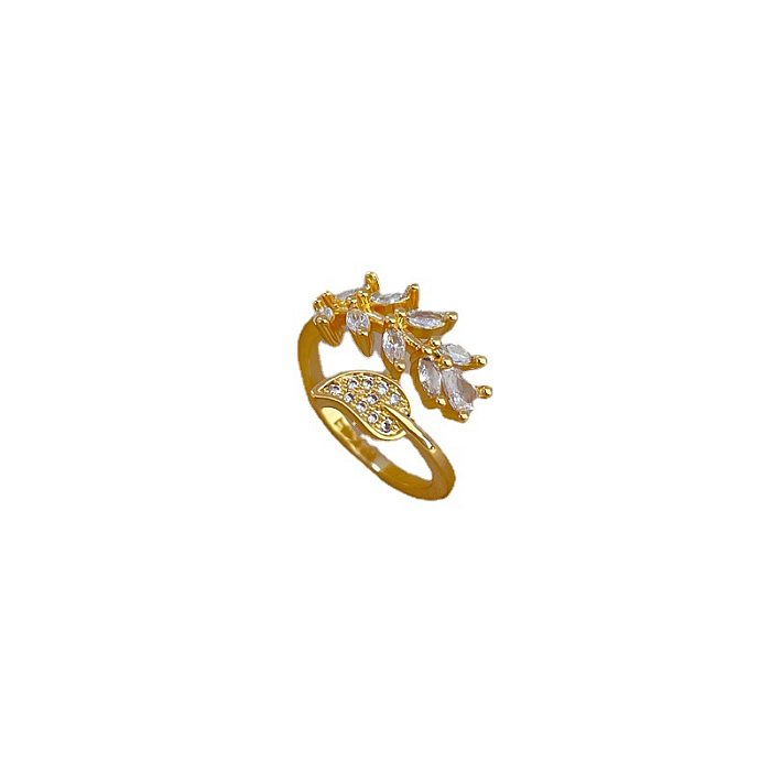 Fashion Leaf Brass Plating Inlay Zircon Open Ring 1 Piece