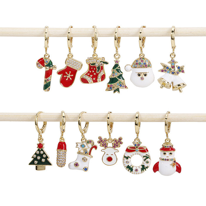 Cute Christmas Tree Santa Claus Christmas Socks Copper Enamel Plating Inlay Zircon Drop Earrings 1 Piece