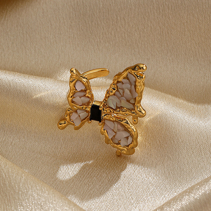 O ouro elegante do zircão 18K do embutimento do chapeamento de cobre da borboleta chapeou anéis abertos