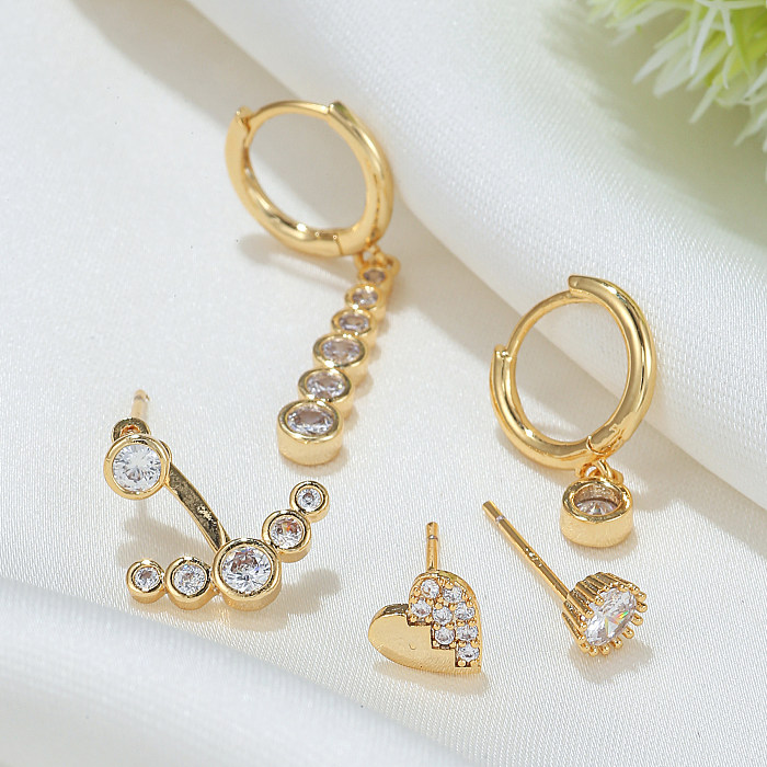 Fashion Round Heart Shape Arrow Copper Gold Plated Inlay Zircon Earrings 5 Piece Set