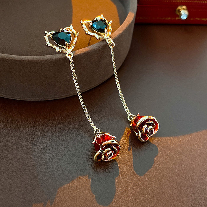 1 Pair Simple Style Flower Copper Enamel Rhinestones Drop Earrings Ear Studs