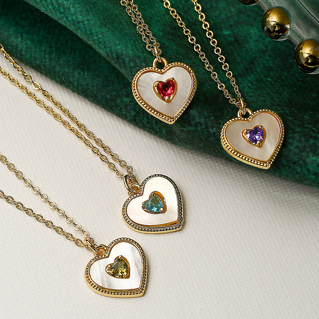 Simple Style Commute Heart Shape Copper Plating Inlay Shell Zircon 18K Gold Plated Pendant Necklace