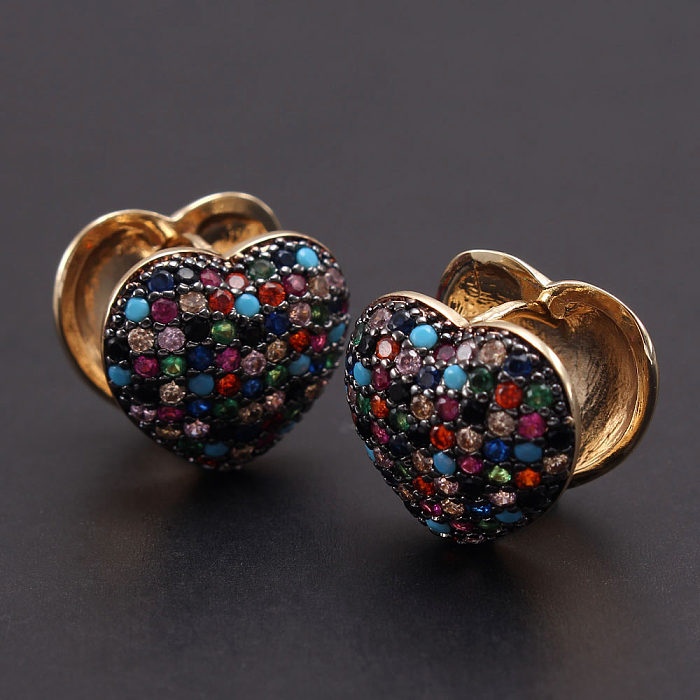 1 paire de boucles d'oreilles en forme de cœur de Style romain, incrustation de cuivre et de Zircon plaqué or