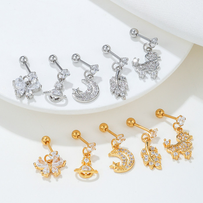 1 Piece Shiny Animal Moon Leaves Copper Plating Inlay Zircon 18K Gold Plated Drop Earrings