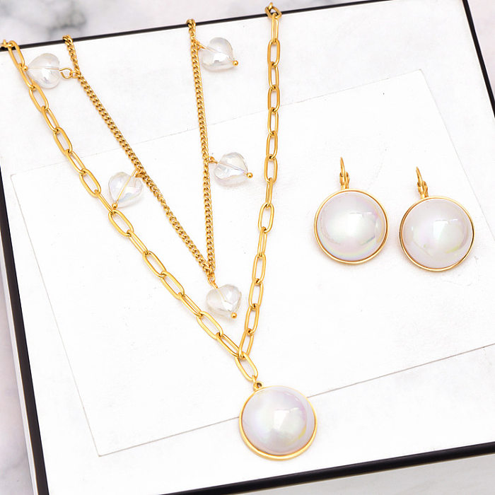 Lady Round Heart Shape Titanium Steel Plating Inlay Artificial Pearls Gold Plated Earrings Necklace