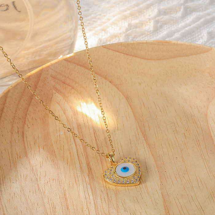 Elegant Streetwear Devil'S Eye Heart Shape Titanium Steel Copper Plating Inlay Zircon Pendant Necklace