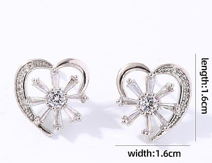 1 paire de clous d'oreilles plaqués en forme de cœur, Style Simple et décontracté, incrustation en cuivre et Zircon plaqué or blanc