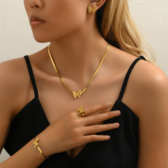 Ensemble de bijoux plaqué or 18 carats avec incrustation de perles artificielles, style décontracté et Simple, papillon en acier inoxydable
