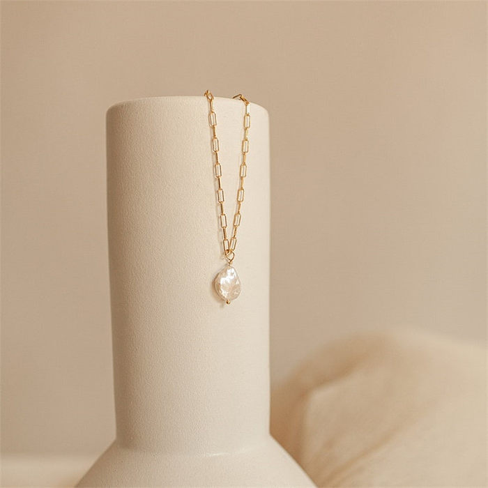 Fashion Pearl Paper Clip Necklace Simple Copper Plated 14K Gold Necklace