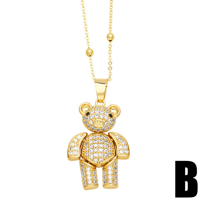 Cute Little Bear Stainless Steel Copper Plating Inlay Zircon 18K Gold Plated Pendant Necklace