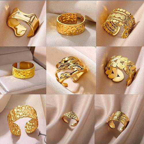 Estilo vintage exagerado estilo simples cor sólida aço inoxidável metal 18K anéis abertos banhados a ouro