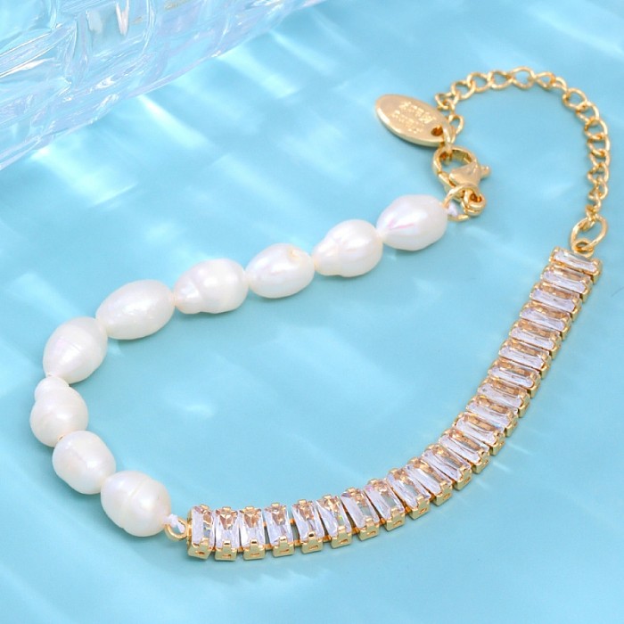 Pulseras de circón con perlas de agua dulce con incrustaciones de cobre geométricas de estilo simple y dulce