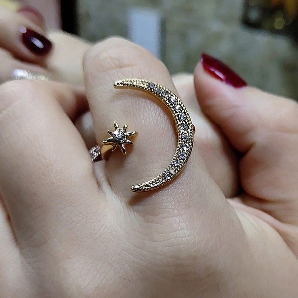 Glam Star Moon Copper Plating Inlay Gem 18K Gold Plated Open Rings