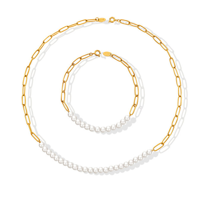 Fashion Titanium Steel String Pearl Necklace Bracelet Set