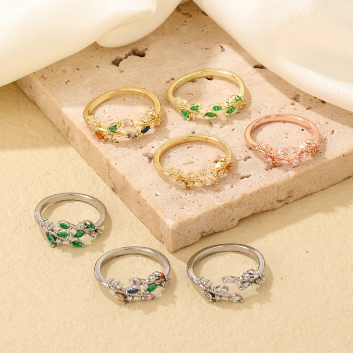 Casual Leaves Copper Inlay Zircon Open Rings