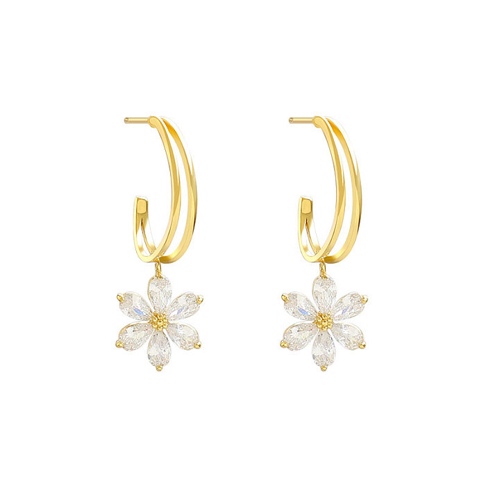1 Pair Modern Style Flower Plating Inlay Copper Zircon Drop Earrings