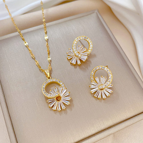 Luxurious Round Flower Titanium Steel Copper Plating Inlay Zircon Gold Plated Earrings Necklace