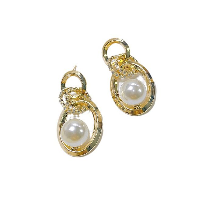 1 Pair Elegant Lady Geometric Inlay Imitation Pearl Copper Zircon Drop Earrings