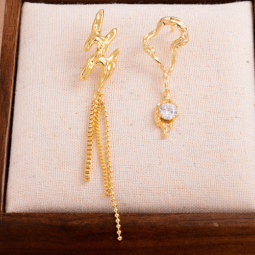 1 Paar elegante glänzende Quasten-Ohrringe mit unregelmäßiger Beschichtung, Kupfer-Zirkon, 14 Karat vergoldet