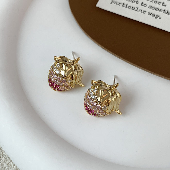 1 Pair Simple Style Strawberry Inlay Copper Zircon Ear Studs