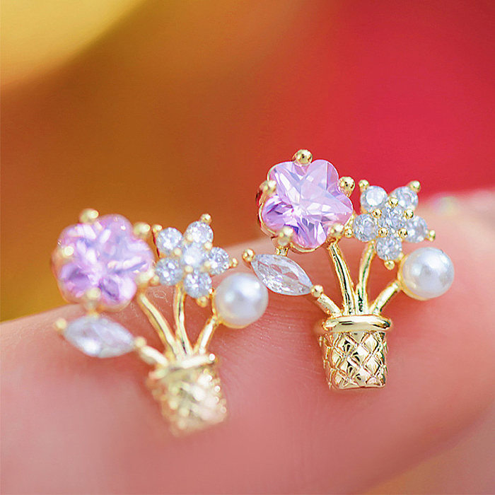 1 Pair Cute Simple Style Flower Plating Inlay Copper Zircon 14K Gold Plated Ear Studs