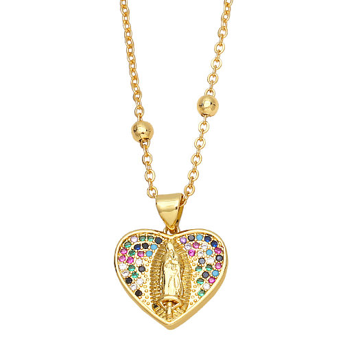 Colar banhado a ouro 18K da Virgem Maria em formato de coração com zircônia colorida da moda
