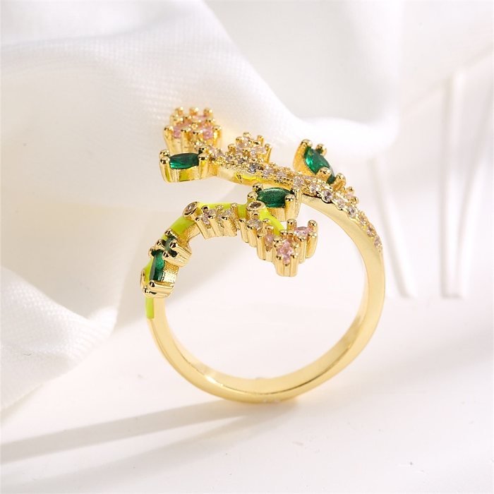 Casual Leaves Copper 18K Gold Plated Zircon Open Ring In Bulk