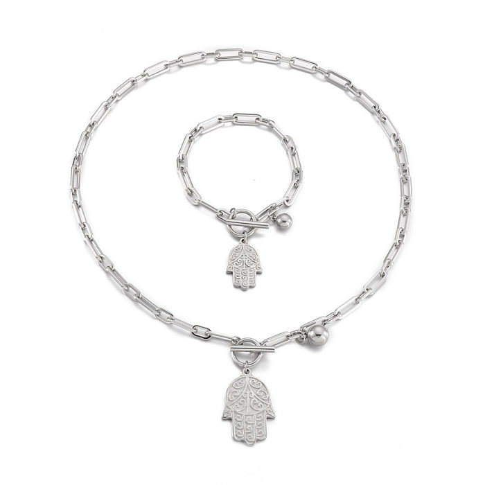 Ensemble de deux pièces de collier de bracelet d'ornement en forme de paume en acier inoxydable simple de mode
