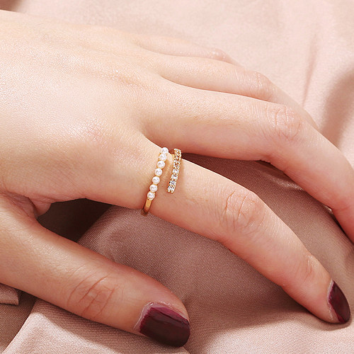 Simple Style Solid Color Copper Plating Inlay Pearl Zircon Gold Plated Open Ring