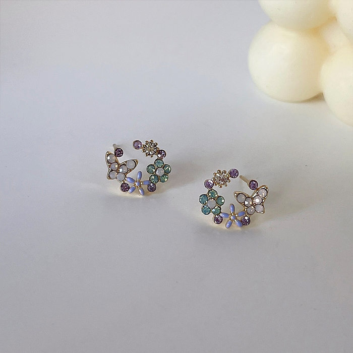 1 Pair Cute Japanese Style Flower Copper Inlay Rhinestones Ear Studs