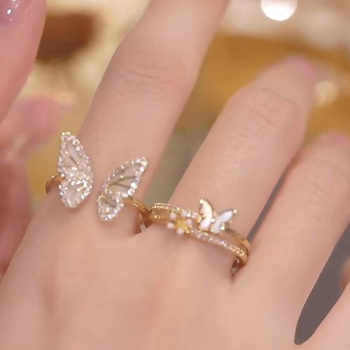 Sweet Butterfly Copper Plating Inlay Artificial Diamond Shell Open Rings