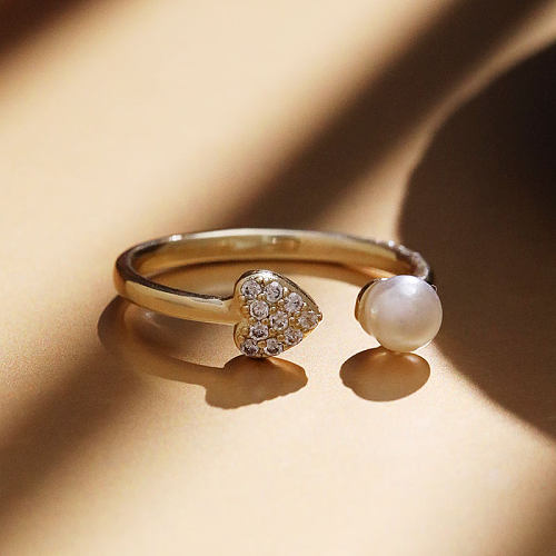 Anéis abertos de zircão com embutimento de cobre em forma de coração clássico elegante