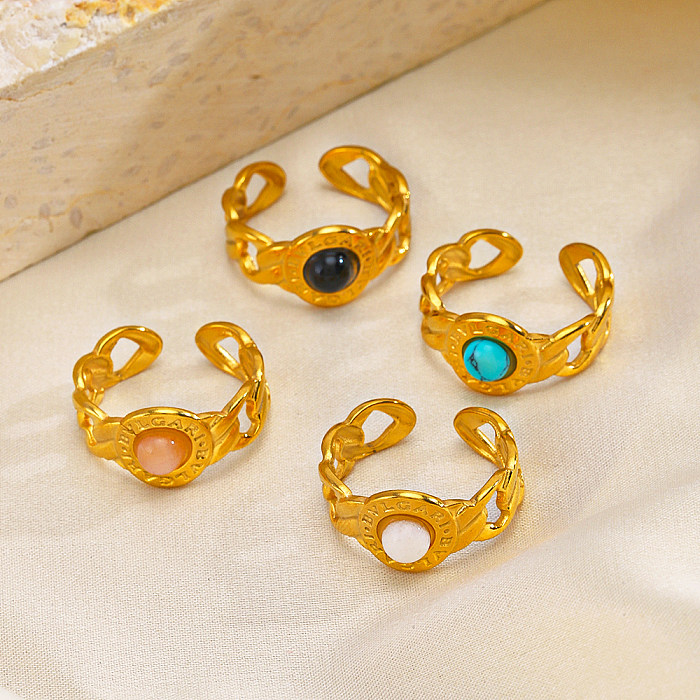 Roman Style Chains Print Stainless Steel Plating Inlay Turquoise Obsidian 18K Gold Plated Open Rings
