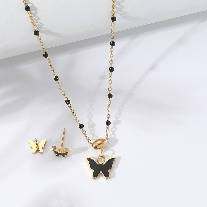 Simple Stainless Steel Plated 18K Gold Black Enamel Butterfly Necklace Earrings Set