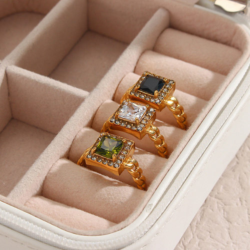 Retro Square Stainless Steel Open Ring Inlay Zircon Stainless Steel Rings