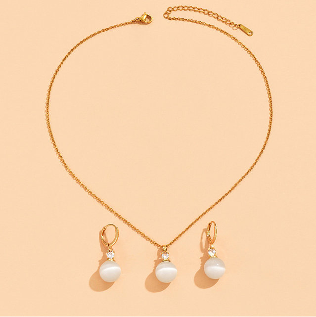 1 ensemble de boucles d'oreilles et collier en cuivre opale géométrique pour femmes, incrustation de Zircon