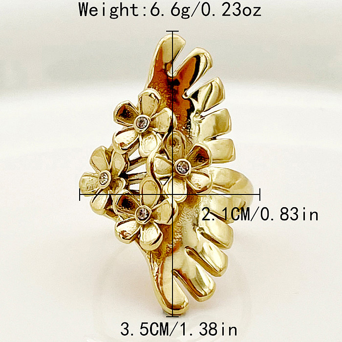 Luxuosa flor feminina com revestimento de aço inoxidável e zircão anéis banhados a ouro