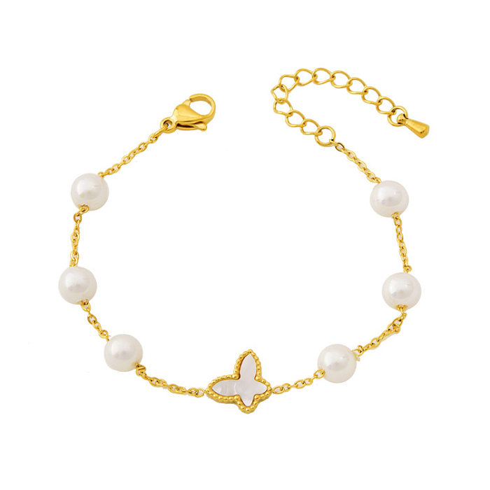 Mode Schmetterling Titan Stahl Inlay künstliche Perlen Shell Armbänder Halskette
