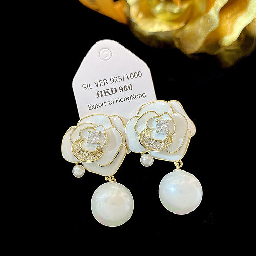 1 Pair Elegant Simple Style Flower Enamel Inlay Copper Pearl Zircon Drop Earrings