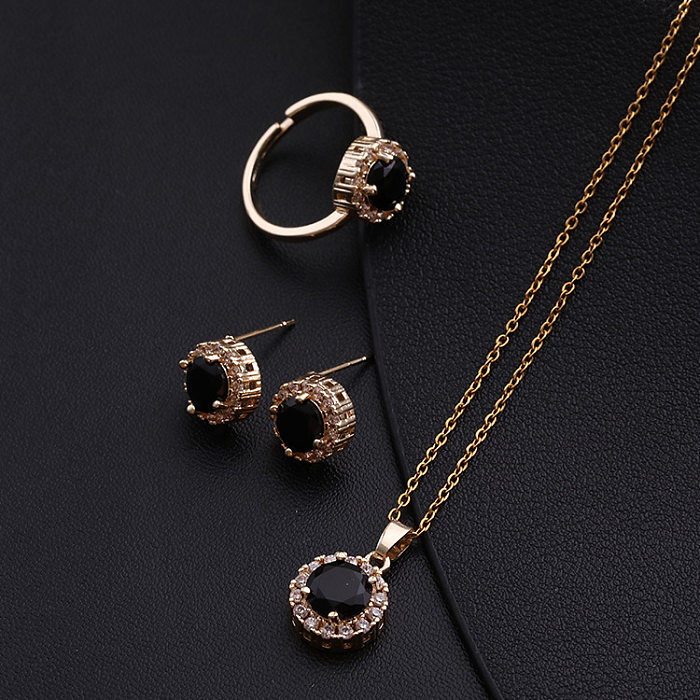 3 Pieces Fashion Round Titanium Steel Copper Inlay Zircon Women'S Jewelry Set