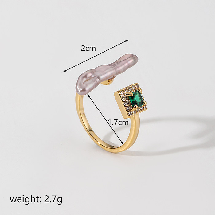 IG Style Retro Irregular Square Copper Plating Inlay Pearl Zircon 18K Gold Plated Open Rings