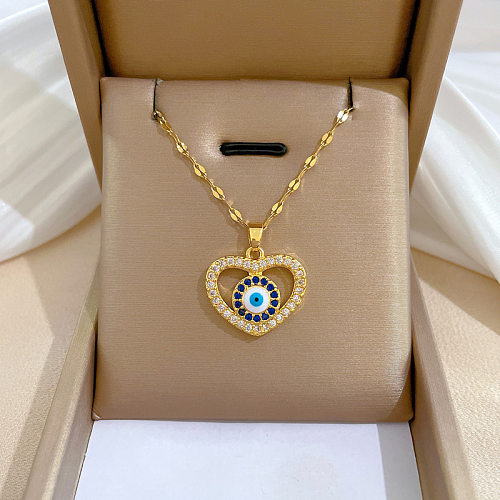 Retro Devil'S Eye Heart Shape Titanium Steel Copper Inlay Artificial Gemstones Pendant Necklace