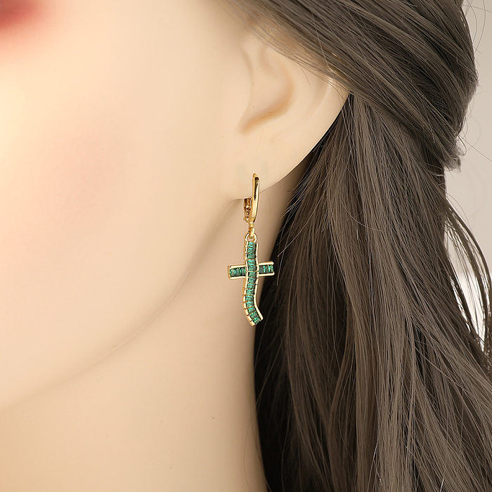 1 Pair Simple Style Cross Inlay Copper Zircon Drop Earrings