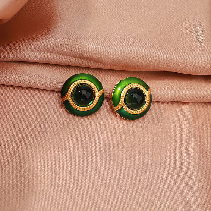 1 Pair Retro Commute Round Enamel Plating Inlay Copper Glass 18K Gold Plated Ear Studs