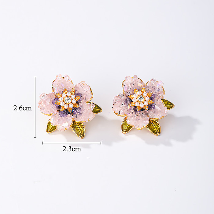 1 Pair Glam Luxurious Commute Heart Shape Flower Epoxy Plating Inlay Imitation Pearl Copper Artificial Crystal 18K Gold Plated Earrings