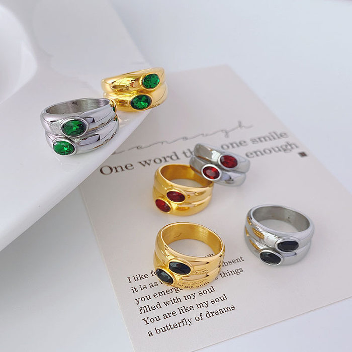 Vintage Style Oval Titanium Steel Plating Inlay Zircon 18K Gold Plated Rings